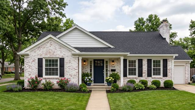 German smear brick ranch home facade black shutters