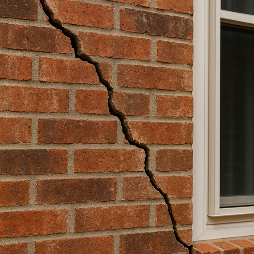 Close-up of cracked brick wall in a Casa Linda Dallas home before repair by A&X Masonry.