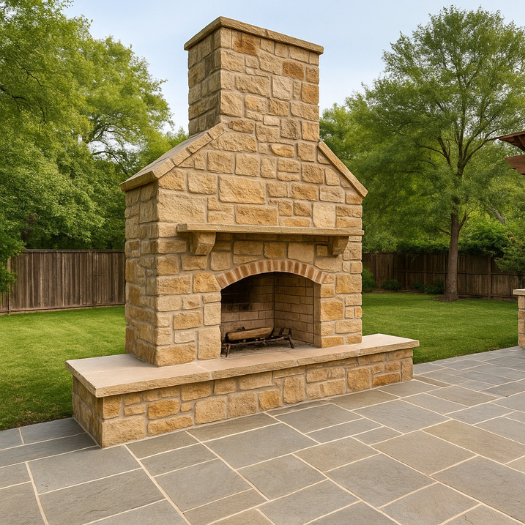 Stone outdoor fireplace and patio remodel in Casa Linda Dallas TX built by A&X Masonry.
